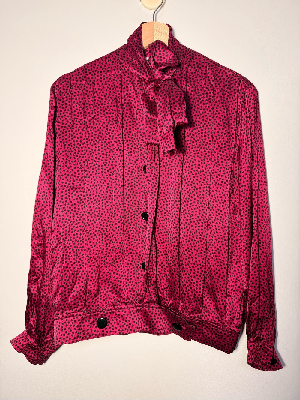Vintage Albert Nipon SilkFuchsia Polka Dot Tie-Neck Blouse size 6